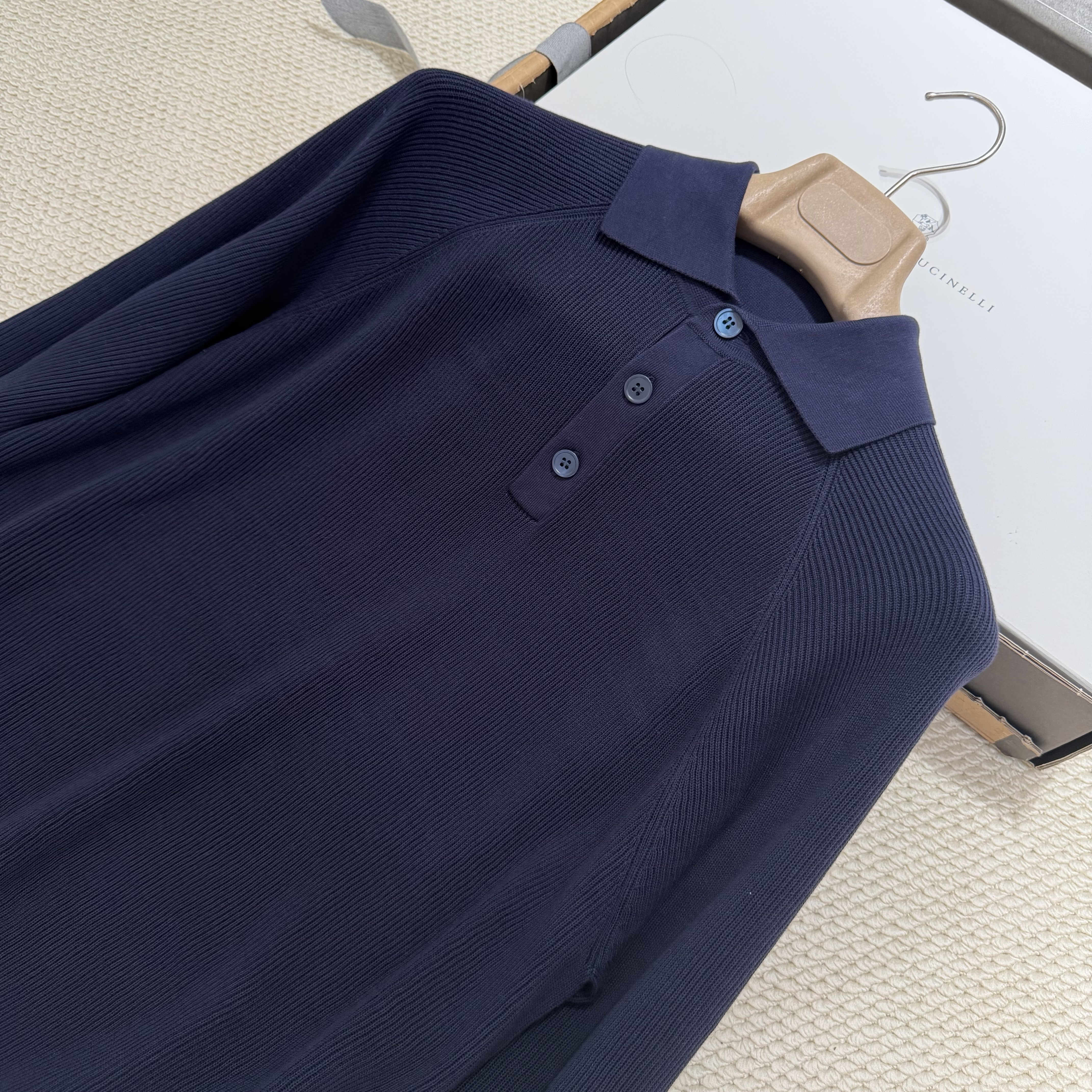 P399 Deep blue striped long sleeved polo shirt